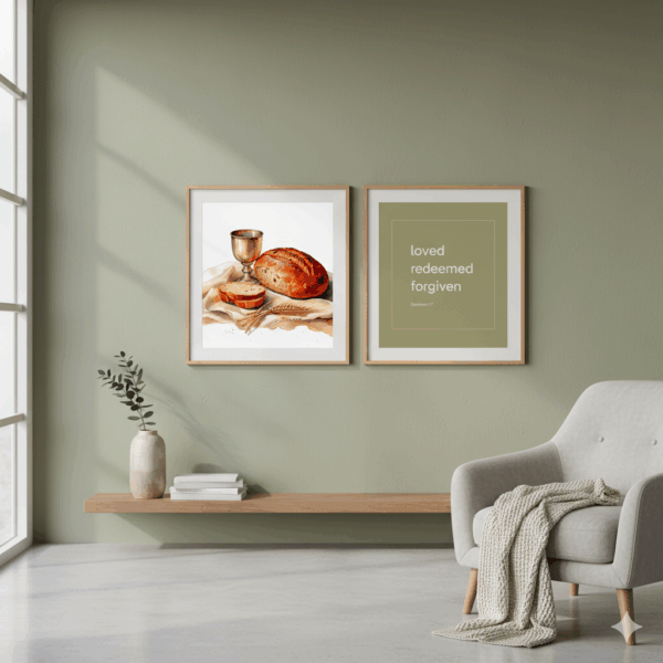 Christian Last Supper Wall Art Set – 18 Printable Digital Prints with Bread and Wine Illustrations and Loved Redeemed Forgiven Typography in 15 Colors | Square PNG JPG PDF Instant Download