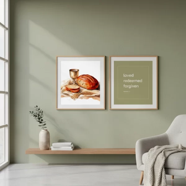 Christian Last Supper Wall Art Set – 18 Printable Digital Prints with Bread and Wine Illustrations and Loved Redeemed Forgiven Typography in 15 Colors | Square PNG JPG PDF Instant Download