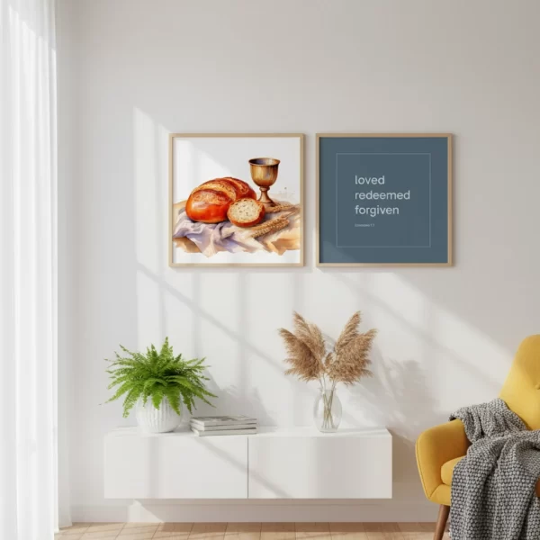 Christian Last Supper Wall Art Set – 18 Printable Digital Prints with Bread and Wine Illustrations and Loved Redeemed Forgiven Typography in 15 Colors | Square PNG JPG PDF Instant Download
