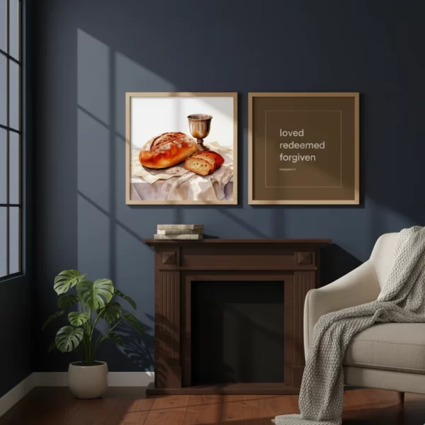 Christian Last Supper Wall Art Set – 18 Printable Digital Prints with Bread and Wine Illustrations and Loved Redeemed Forgiven Typography in 15 Colors | Square PNG JPG PDF Instant Download