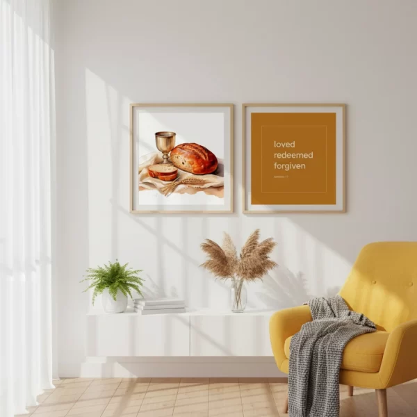 Bring peace and faith into your home with this beautifully designed Christian wall art set. Inspired by the Last Supper, this collection includes 18 square prints: four delicate illustrations of bread and wine, and fourteen minimalist typography pieces featuring the words “Loved, Redeemed, Forgiven”. The typography comes in 15 different calming colors, allowing you to choose the perfect tone to match your space—whether light and airy, warm and cozy, or modern and bold. This art set is perfect for your living room, dining area, prayer space, or office, serving as a daily reminder of Christ’s sacrifice, love, and forgiveness. What You’ll Receive: 18 high-quality digital art files in PNG, PDF, and JPG formats Instant download after purchase – no physical product will be shipped Square format (1:1 ratio) designed for easy printing and framing 15 color variations of the typography design to fit many different ambiances Compatible Sizes: 8×8 in (20×20 cm) 10×10 in (25×25 cm) 12×12 in (30×30 cm) 16×16 in (40×40 cm) 18×18 in (45×45 cm) 20×20 in (50×50 cm) 24×24 in (60×60 cm) 30×30 in (75×75 cm) Printing Recommendations: For best results, print on professional-grade matte or textured paper Use a high-quality print shop near your home or an online printing service for stunning results Customer Support If you have any questions, feel free to contact us via email. We’re happy to assist you! ✨ Celebrate your faith with art that reminds you daily: you are loved, redeemed, and forgiven—in a color palette that fits your home perfectly.