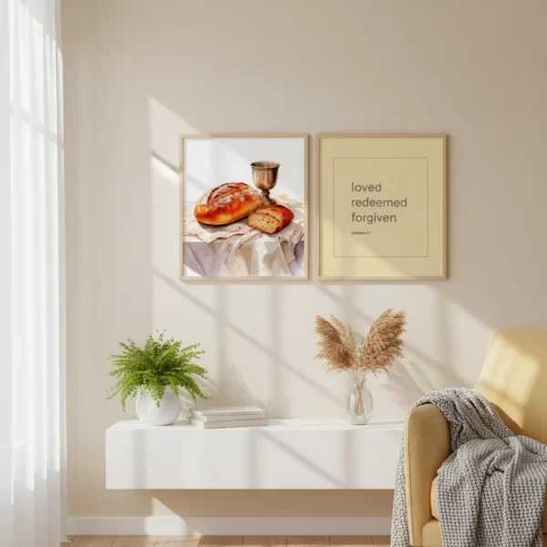 Christian Last Supper Wall Art Set – 18 Printable Digital Prints with Bread and Wine Illustrations and Loved Redeemed Forgiven Typography in 15 Colors | Square PNG JPG PDF Instant Download